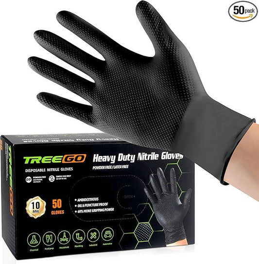 TREEGO 10 Mil Black Nitrile Gloves Heavy Duty — Diamond Texture Grip, Latex Free Disposable Mechanic Gloves, X-Large, 50 Count - NeatNest