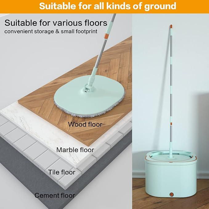 Flat Floor Mop and Bucket System Set with Wringer, Spin Mop and Bucket Separate Clean and Dirty Water with Self Separation for Hardwood, Laminate, Tile, Floor Cleaning, Wet and Dry Use, LightCyan - NeatNest