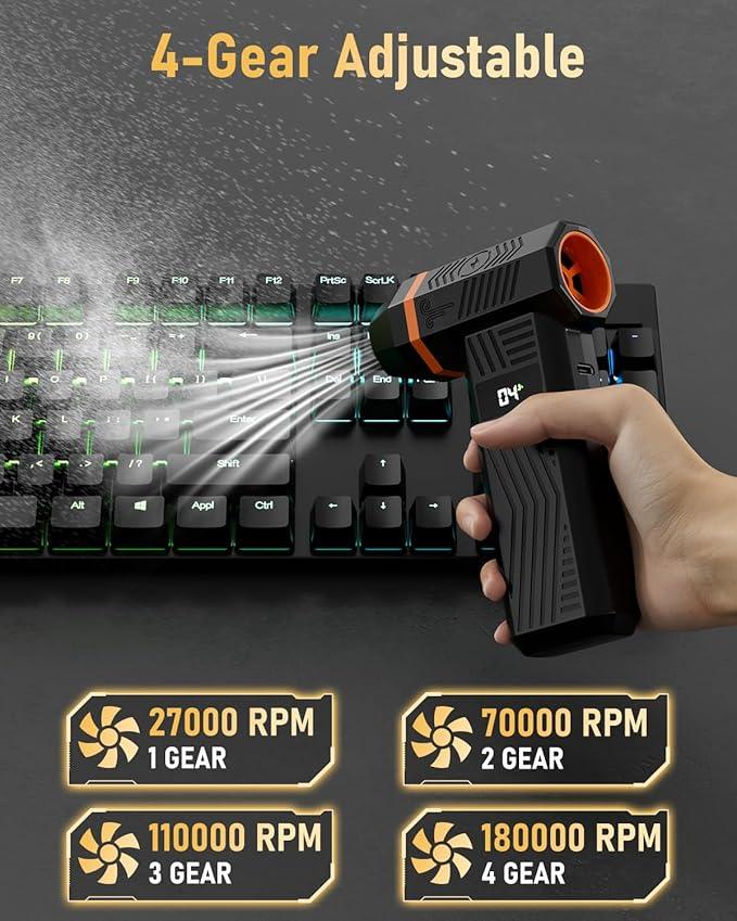 Compressed Air Duster, 180000RPM 4-Gear Adjustable Electric Air Duster with Display Screen & LED Light, Rechargeable Cordless Air Blower for Keyboard/PC/Car - NeatNest