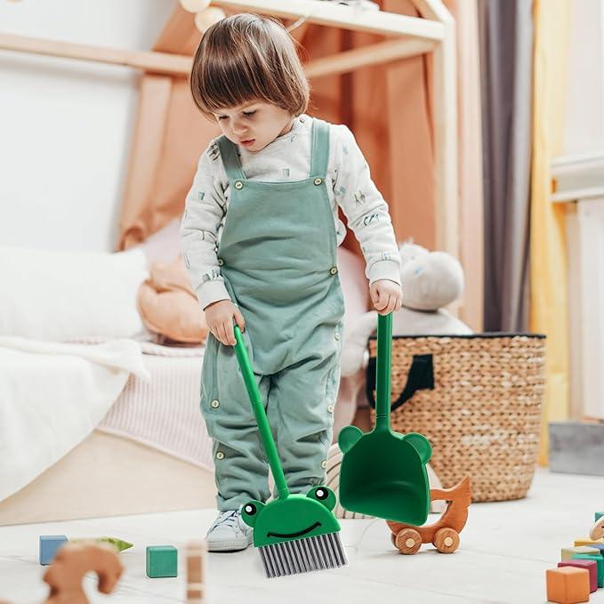 Children's Small Broom Dustpan Set Green Frog Mini Household Cleaning and Pretend Play Set - NeatNest