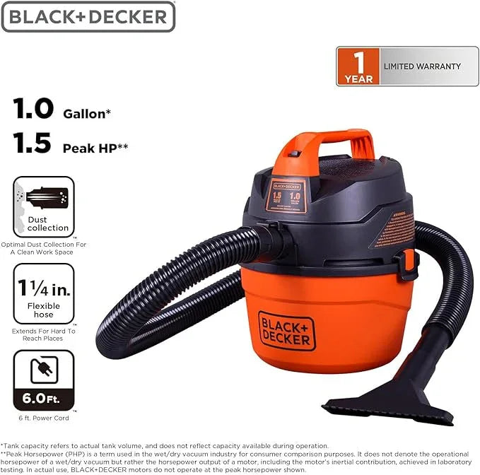 BLACK+DECKER Shop Vacuum Wet and Dry, Small Shop Vac with Accessories, 1 Gallon 1.5 Peak HP, Wall Mount Mini Vacuum for Garage, Home and Pet, 60CFM (BDXV18101P-1H) - NeatNest