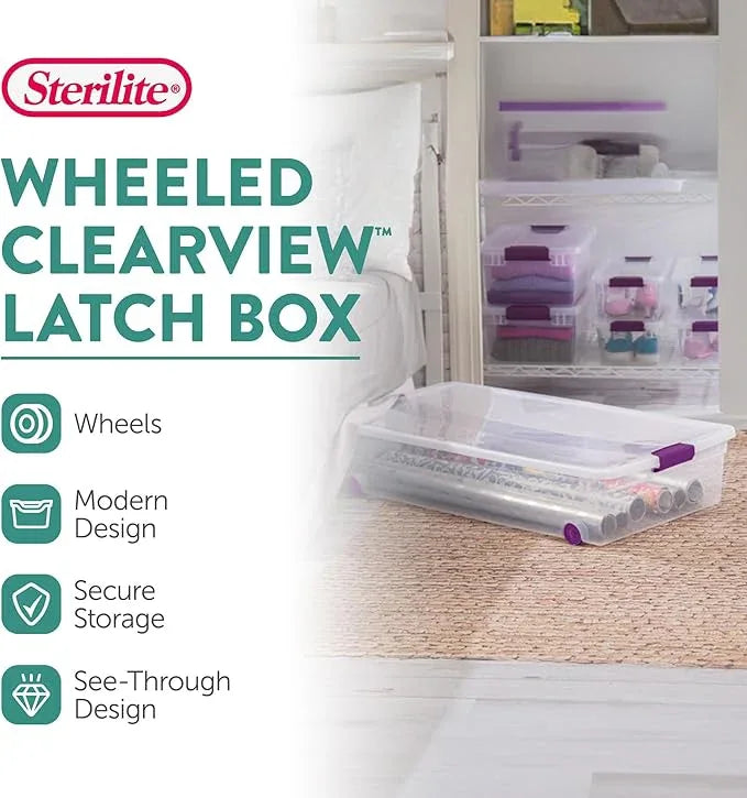 Sterilite 16-Pack 60 Quart ClearView Latch Box, Wheeled Underbed Organizer Bins with Latching Lids - Clear Plastic Organization Containers for Closet, Bedroom, Shelving Units and Everyday Home Storage - NeatNest