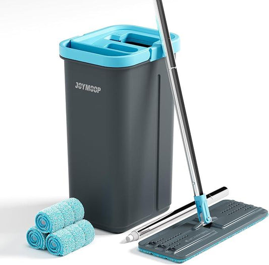 JOYMOOP Mop and Bucket Set with Wringer, with 3 Reusable Microfiber Mop Pads, Mops for Floor Cleaning and Wall Cleaning, Hands-Free Flat Mop for Home Use - Grey+Cyan Blue - NeatNest