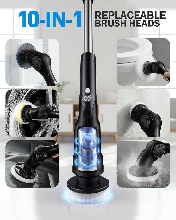 Electric Spin Scrubber, 3-Speed Cordless Shower Scrubber with 90° Adjustable & 10 Replaceable Brush Heads, 90 Mins Runtime & Full-Body IPX7 Waterproof Shower Cleaner Brush with Long Handle - NeatNest