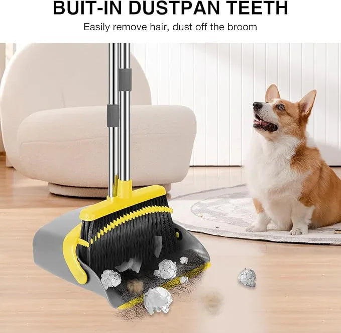 NACENA Broom and Dustpan Set, 52-in Long Adjustable Handle Broom Dustpan Combo with Dustpan Teeth to Automatically Clean Hair Suitable for Home Kitchen Office Hall Floor (Grey&Yellow), 4 Pack - NeatNest