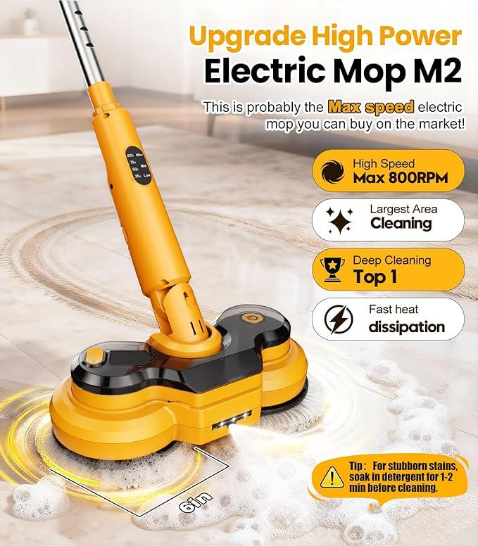 qimedo Electric Mop with 5000mAh Battery M2 , 800RPM Cordless Mops for Floor Cleaning, Automatic Spin Mops with Smart Display, Upright Rotating Power Mop with LED Light & Water Spray - NeatNest