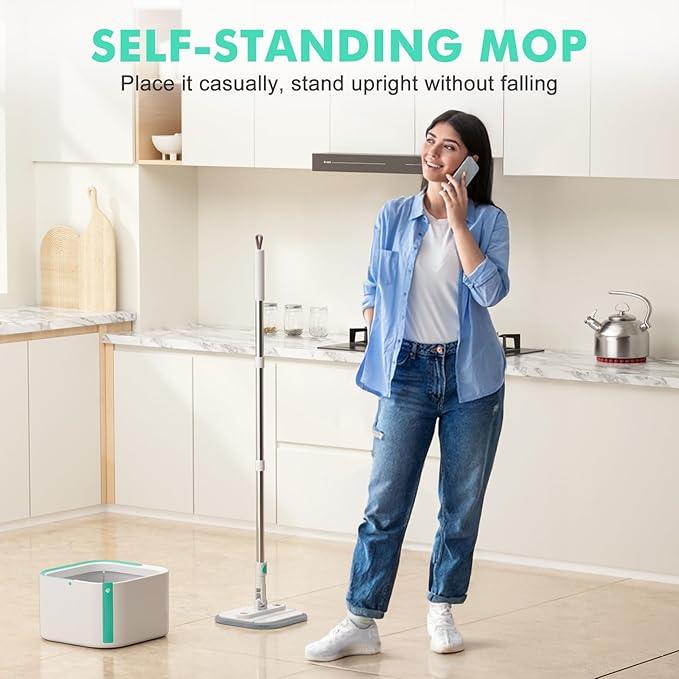 Upgraded Self-Standing Spin Mop and Bucket System, Detachable Inner Mop Bucket Separates Dirty Water & 90° Foldable Head, Triple-Scrub System, 0.9Gal Dual Drainage, for Hardwood Floors (Blue 2 Pads) - NeatNest