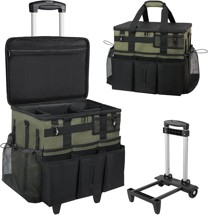 Rolling Cleaning Caddy Bag with Detachable Trolley, Large Cleaning Supplies Organizer with Wheels, Multi-Pocket Cleaning Cart with Adjustable Shoulder Strap for Housekeepers & Home Use, Armygreen - NeatNest