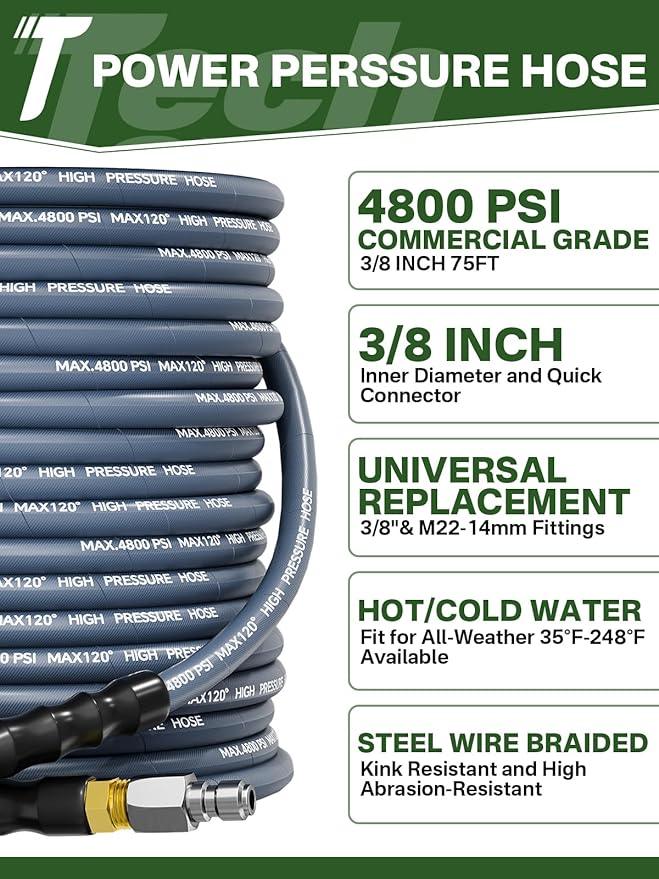 3/8" 4800PSI Pressure Washer Hose 75FT with Swivel Quick Connect for Cold/Hot Water Max 248°F, Kink Resistant Steel Wire Braided, Wear Resistant Power Washer Hose with M22 14mm Adapter - NeatNest