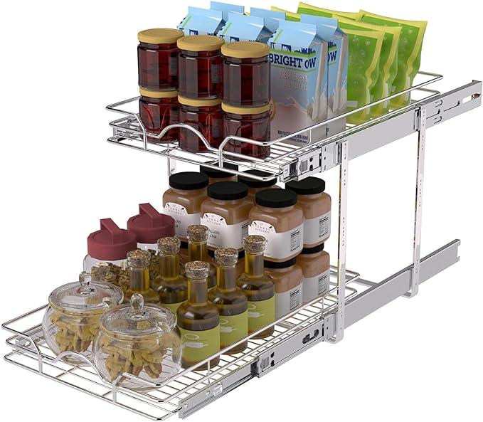 OCG 2 Tier Pull Out Cabinet Organizer (15.5" W x 18" D), Pull Out Drawers for Kitchen Cabinets, Pull Out Shelves for Base Cabinet Organization in Kitchen Bathroom Pantry, Chrome Finish - NeatNest