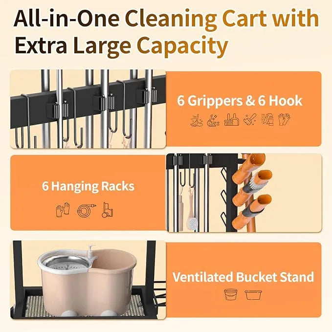 Broom Holder with Cleaning Supplies Organizer Load 160 LBS Cleaning Cart with Wheels Broom Closet Storage with 6 Mop Hanger Grippers, 3 Double-Hooks, Vacuum Stand for Laundry Garage Organization - NeatNest