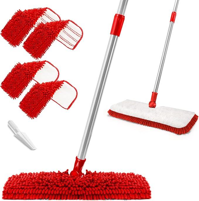 MASTERTOP Microfiber Mop for Floor Cleaning, Hardwood Dust Mop, Wet Mopping with 4 Washable Replacement Mop Pads, Floor Mops for Cleaning with 1 Scraper- White & Red - NeatNest