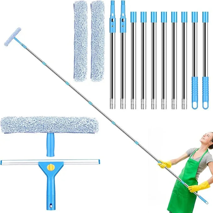 10ft Squeegee for Window Cleaning, Window Washing Kit with Extension Pole, Window Squeegee for Home, Window Cleaning Kit with 2 Brush Covers, Window Cleaner Tool for Indoor Outdoor High Windows Glass - NeatNest