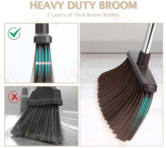 Broom and Dustpan Set with Long Handle, Heavy Dust Broom and Dustpan Combo for Home，Kitchen, Office, Pet Hair(Beige) - NeatNest