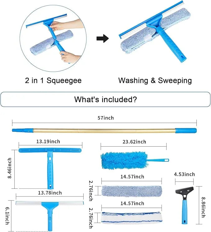 2 in 1 Window Squeegee Cleaning Kit with Aluminum Alloy Extension Poles, Scrubber, Glass Scrapper, Bendable Duster,2 Scrubber Cloth for Window, Car, Floor, Home, Garden - NeatNest