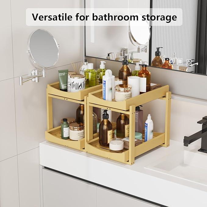 Bamboo Under Sink Organizer Adjustable Height 2 Tier Bathroom Organizer Pull Out Cabinet Storage Kitchen Heave Duty Wood Slide Ou Shelf for Kitchen Bathroom (Nature, 2 Packs) - NeatNest