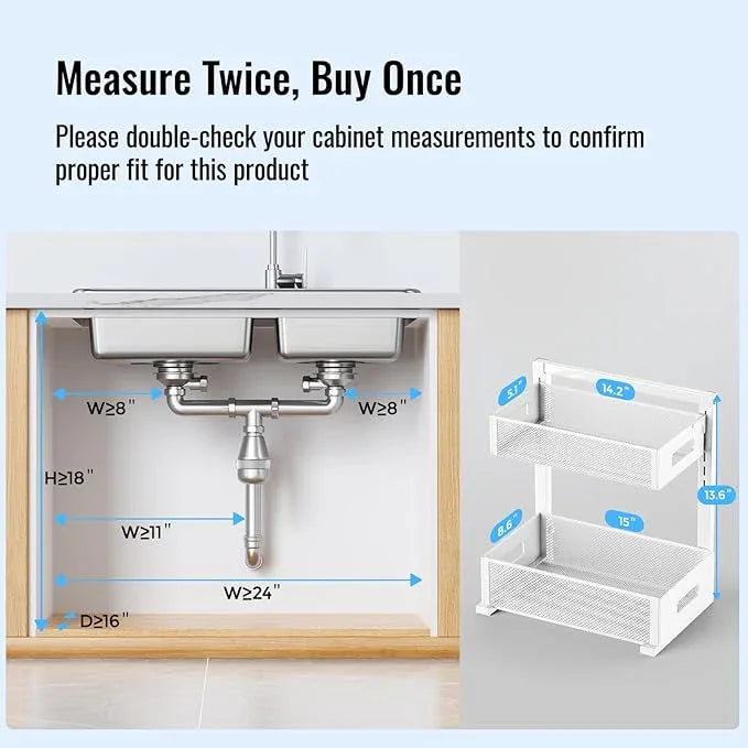 Full Metal Under Sink Organizer, Pull Out Cabinet Organizers and Storage, Silk-Smooth Sliding Drawer for Kitchen, Bathroom, Pantry, Cabinet, Closet (White, 2 Pack) - NeatNest