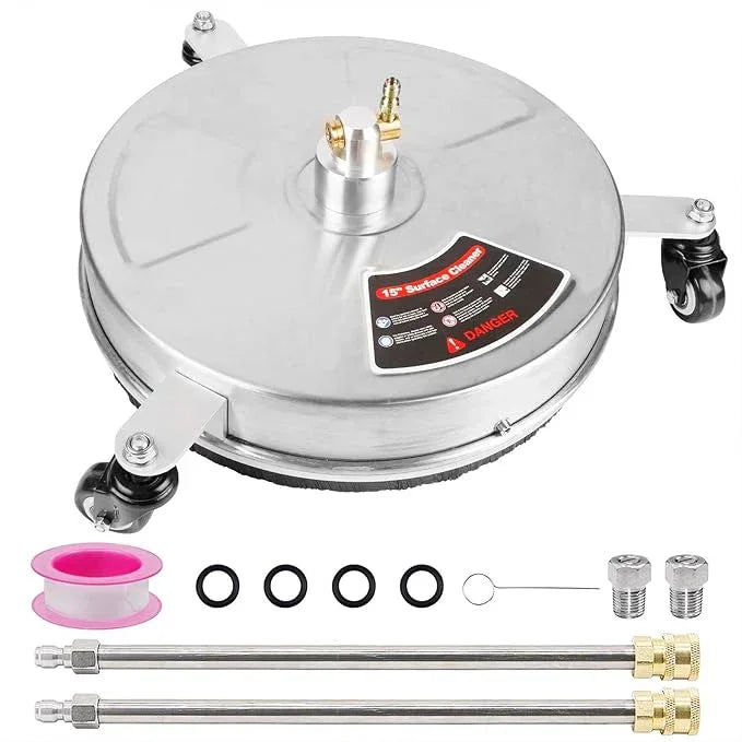 Biswing 15" Pressure Washer Stainless Steel Surface Cleaner with 3 Wheels & 1/4" Quick Connector, Power Washer Attachment with 2 Extension Wand, 2 Replacement Nozzles, 4000 PSI - NeatNest