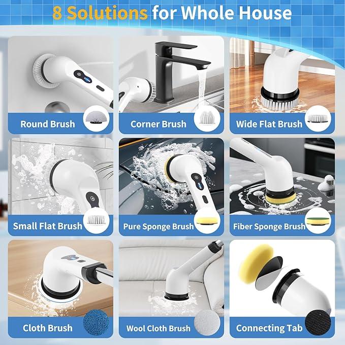 Electric Spin Scrubber, Ultimate Household Cleaning Brush with 90Min Runtime & 8 Heads & 2 Modes- 52in Electric Shower Scrubber Deep Clean for Bathroom Grout, Oven, Shower, Tile & Car, IPX6 Waterproof - NeatNest