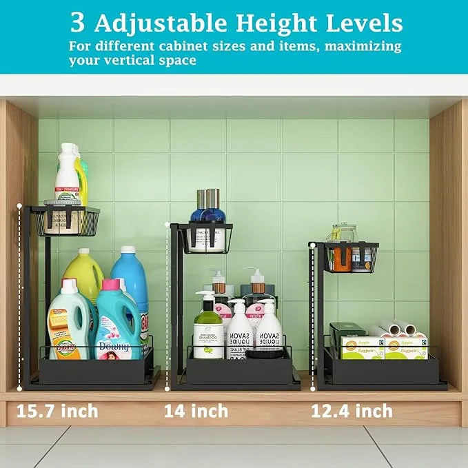 REALINN Under Sink Organizer, 2 Pack Height Adjustable Kitchen Organizers and Storage, 2 Tier Pull Out Sliding Cabinet Storage, Multi-Use for Kitchen Bathroom Cabinet - NeatNest