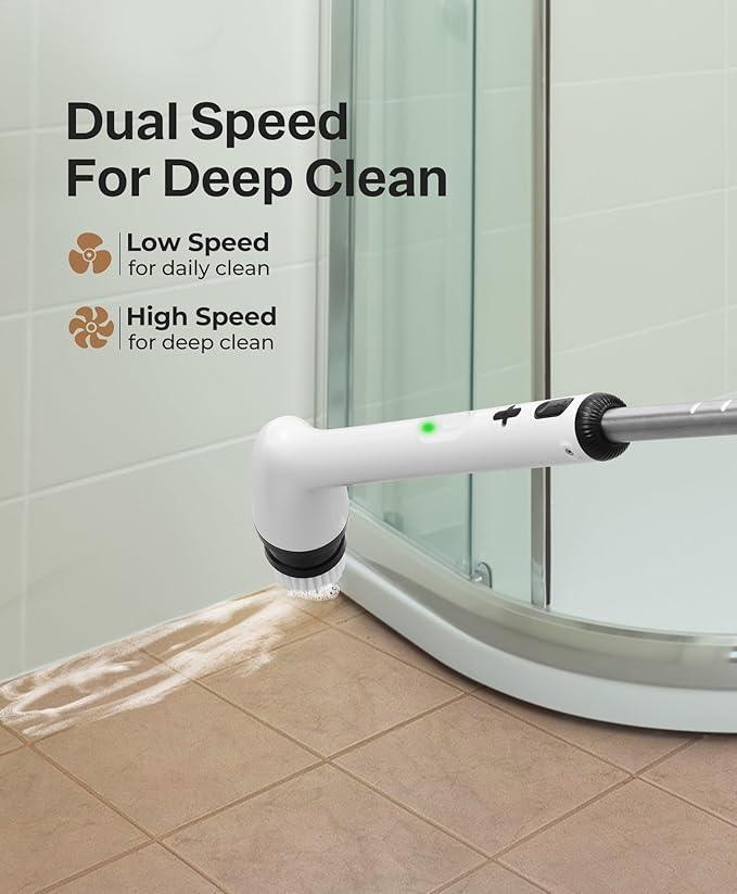 LyriFine Electric Spin Scrubber, New Full-Body IPX7 Waterproof Bathroom Cleaner Brush, Shower Scrubber with Long Handle & 2 Speed, Heads Replacement, Cleaning Supplies for Tub Shower Tile Floor - NeatNest