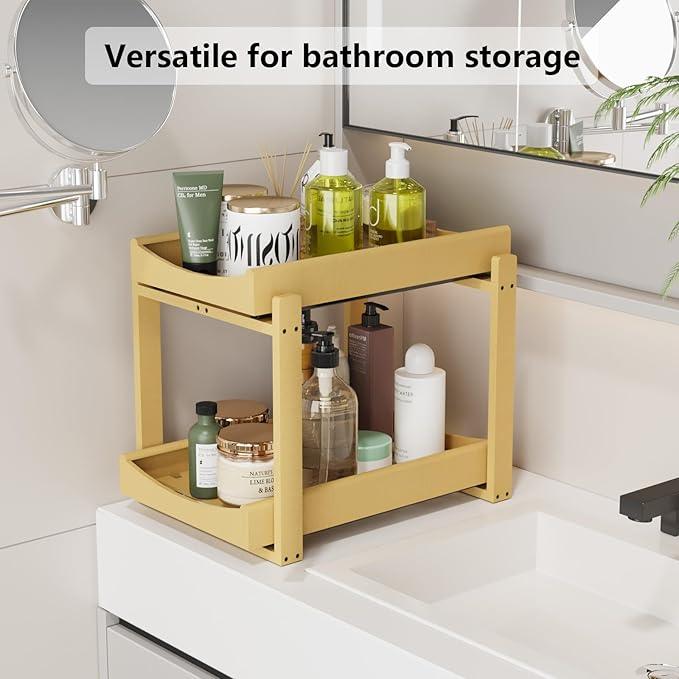Bamboo Under Sink Organizer Adjustable Height 2 Tier Bathroom Organizer Pull Out Cabinet Storage Kitchen Heave Duty Wood Slide Ou Shelf for Kitchen Bathroom (Nature, 1 Pack) - NeatNest
