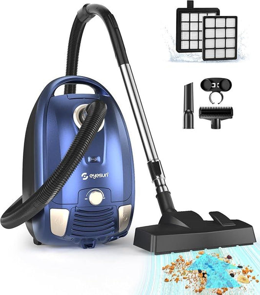 Bagged Canister Vacuum Cleaner,1400W Powerful High-Suction Bagged Canister Vac with 3.7QT Dust Bags,Pop-N-Go Brush,HEPA Filter,Dual Motors&4 Cleaning Tools,Perfect for Low-Pile Carpets&Hard Floors - NeatNest