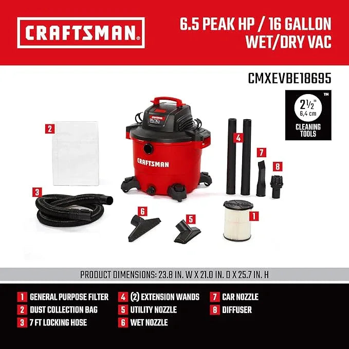 CRAFTSMAN CMXEVBE18695 16 Gallon 6.5 Peak HP Wet Dry Vac, Heavy-Duty Shop Vacuum Wet and Dry with Filter, Muffler/Diffuser, Dust Bag, Hose and Attachments for Home Projects & Renovations - NeatNest