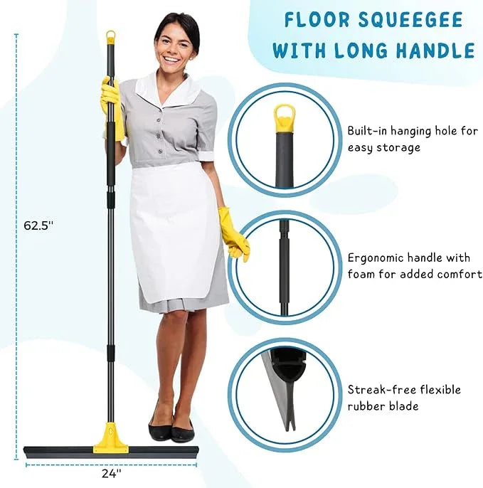 Floor Squeegee for Concrete and Tile Cleaning, 24'' Rubber Wiper Broom, Large Heavy Duty Water Scraper with 60'' Long Handle for Garage, Deck, Bathroom, Shower Glass, Window - NeatNest
