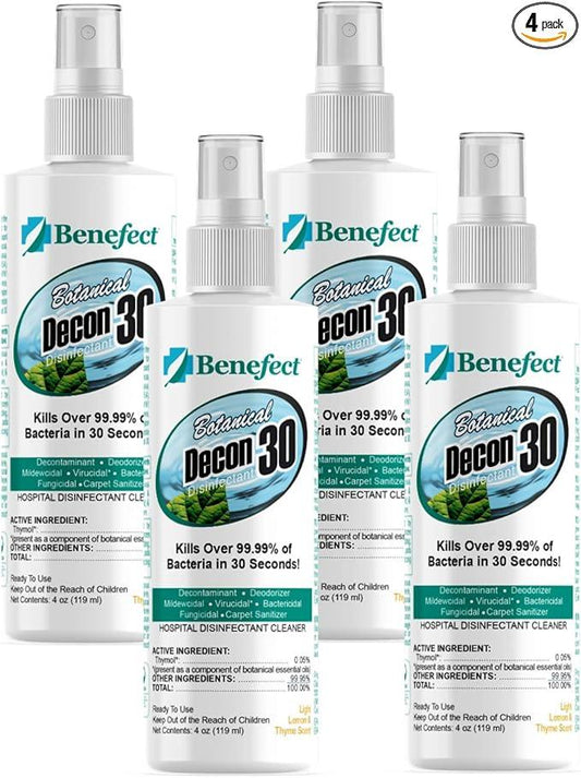 Benefect Botanical Decon 30 Disinfectant Cleaner, 4 oz. Spray Bottle, Light Lemon & Thyme Scent, Hospital Grade Disinfectant, Kills Over 99.99% of Germs, Safe for Food-Contact Surfaces (Pack of 4) - NeatNest