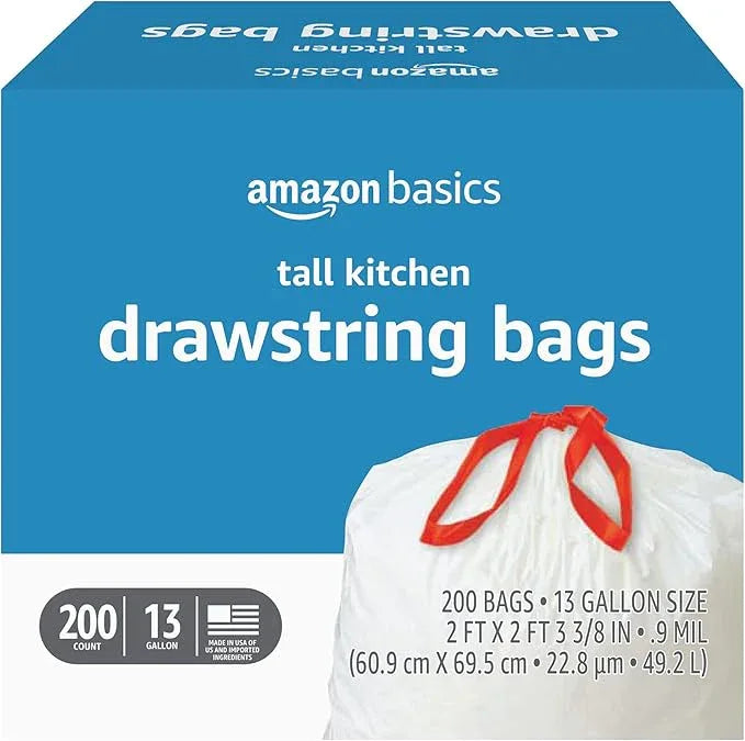 Amazon Basics Trash Bags, Tall Kitchen Drawstring, Unscented, 13 Gallon, 200 Count, Pack of 1 - NeatNest