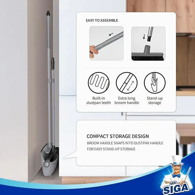 MR.SIGA Broom and Dustpan Set with Adjustable Long Handle, Upright Combo for Floor, Cleaning Lobby, Gray - NeatNest