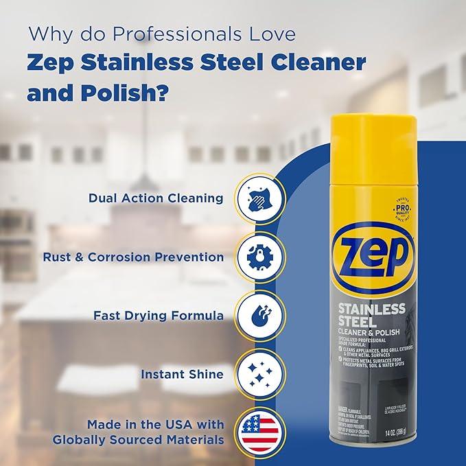 Zep Stainless Steel Cleaner and Polish - 14 oz (Case of 12) ZUSSTL14 - Protects Metal Surfaces From Fingerprints, Soil & Water Spots - NeatNest