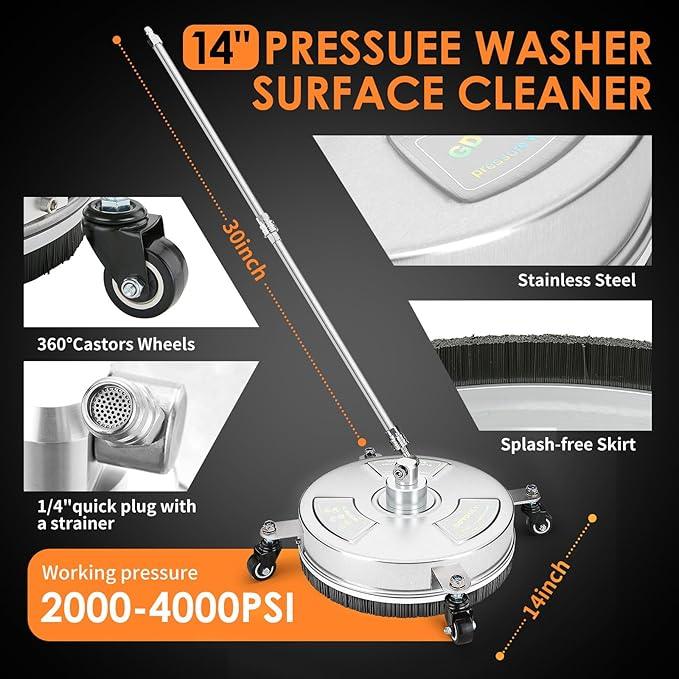 14" Pressure Washer Surface Cleaner, Stainless Steel Power Pressure Washer Attachment for Concrete, Patio, Driveway, Deck Cleaning, 2 Extension Wand Accessories, 1/4" Quick Connect, 4000 PSI - NeatNest