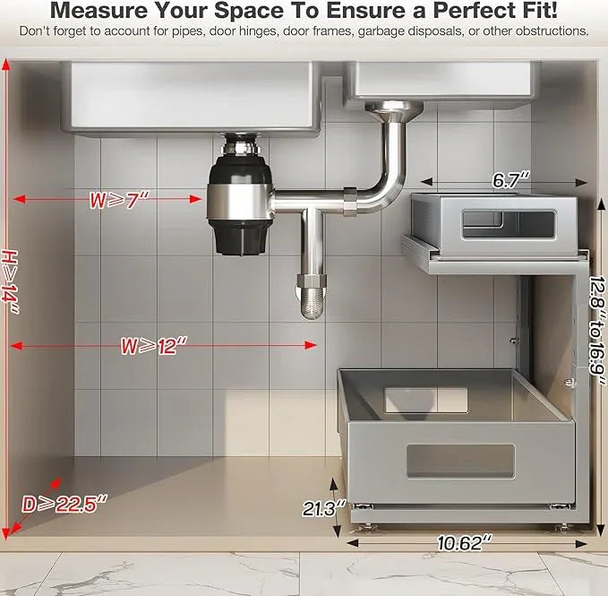 2 Pack 21.3IN-Depth Under Sink Organizer with Next-Gen Ball-Bearing Slides,2-Tier Pull Out Cabinet Storage,Height Adjustable Drawer Shelf for Bathroom,Kitchen,Laundry,Cabinet,Pantry-Gun Gray - NeatNest