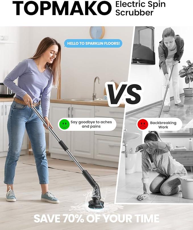 Electric Spin Scrubber, 2025 New Cordless Cleaning Brush for Home, IPX7 Waterproof Spin Scrubber with 7 Brush Heads, Adjustable Long Handle and 2 Rotating Speeds for Bathroom Tub Floor - NeatNest