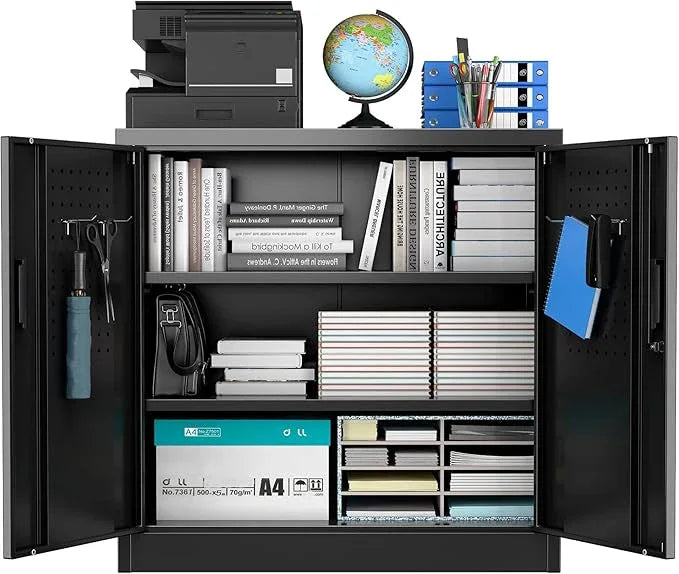 SUXXAN Metal Storage Cabinet with Pegboard 31.5”H×31.5”W×16.5”D, Lockable Rolling Steel Storage Cabinet with 2 Adjustable Shelves and Door for Garage, Office, Kitchen, Assembly Required(Black) - NeatNest