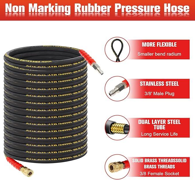 100FT Pressure Washer Hose 3/8''- 5000 PSI High Tensile Wire Braided Kink Resistant Power Washer Hoses Extension, Hot & Cold Water Max 140°F with 2 Pcs M22-14mm 3/8" Quick Connect Kits - NeatNest