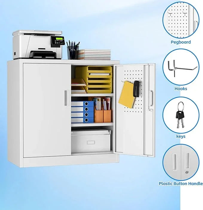 SUXXAN Metal Storage Cabinet with Pegboard 31.5'' x 31.5'' x 16.5'',Lockable Rolling Steel Storage Cabinet with 5 Adjustable Shelves and Door for Garage, Office, Kitchen, Assembly Required(White) - NeatNest