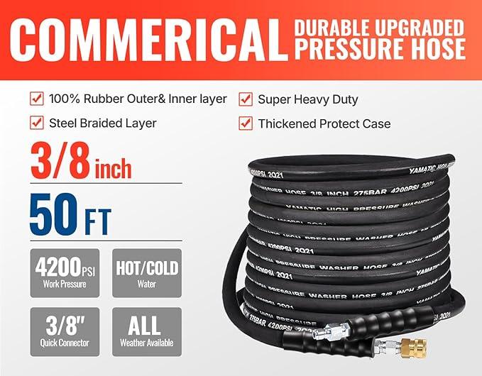 YAMATIC 3/8" Pressure Washer Hose 50 FT 4200 PSI for Hot/Cold Water, Kink Resistant Swivel 3/8" & M22-14 Quick Connection Wear Resistant Industry Grade Compatible with Most Power Washer - NeatNest