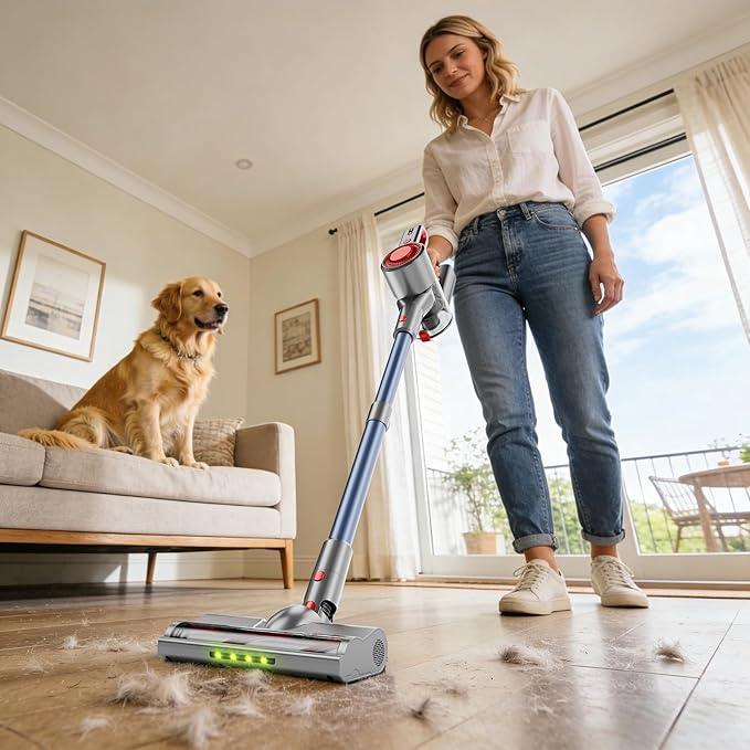 Cordless Vacuum Cleaner for Home, Powerful Stick Vacuum with Rechargeable Battery, Green Light Anti-Tangle Brush, 6-in-1 Lightweight Handheld Vacuum for Pet Hair, Hard Floor, Carpet, Red - NeatNest