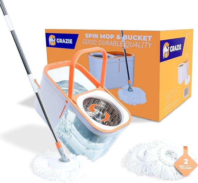 Spin Mop and Bucket Set Cleaning System Wringer 360 Microfiber Mop with Stainless Steel Handle Self Wringing Bucket for Tile Hardwood Laminate Floors Includes 2 Mop Head Refills - NeatNest