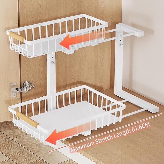 2 Pack 2 Tiers Pull Out Under Sink Organizers, Metal Kitchen Storage Shelf, Pull Out Under Sink Storage Rack, Multi-purpose Under Sink Shelf Organizer for Under Sink Cabinet Bathroom Kitchen (White) - NeatNest