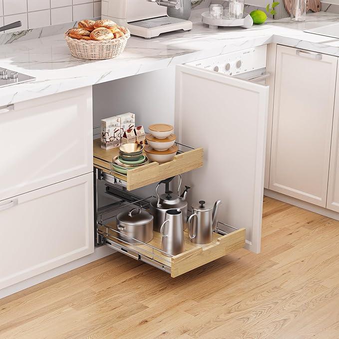 Pull Out Cabinet Organizer,Heavy-Duty Slide Out Shelf, Wood and Wire Basket, Pull Out Drawer for for Kitchen Under Sink Space, Pantry, Bathroom, 2 Tie 20 * 21 in - NeatNest