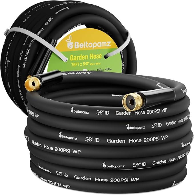 Garden Hose 75 ft x 5/8 in Heavy Duty Water Hose, Flexible and Durable, Lightweight Rubber Hybrid Hose, Leak-Free Connections, Male to Female Fittings, BT75B, Black - NeatNest
