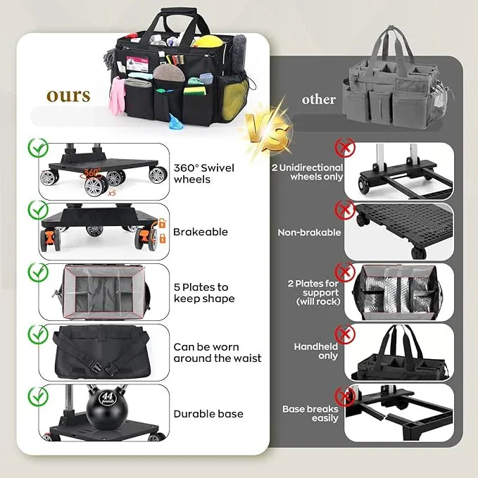 Rolling Cleaning Caddy Bag with Detachable Trolley, Multi-Functional Portable Cleaning Cart Supplies Organizer for Housekeeping and Domestic Cleaning, Cleaning Caddy with Wheels, Black - NeatNest