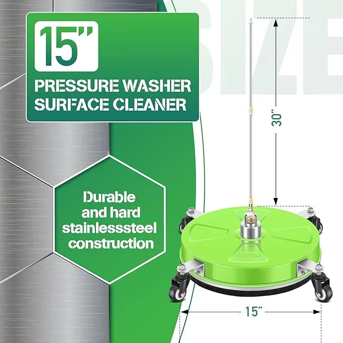 15“ Pressure Washer Surface Cleaner with 4 Wheels - Coated Green Stainless Steel Surface Cleaner for Pressure Washer Attachment for Concrete, Driveway, Patio, Sidewalk, Deck and Driveways - PWS15G - NeatNest