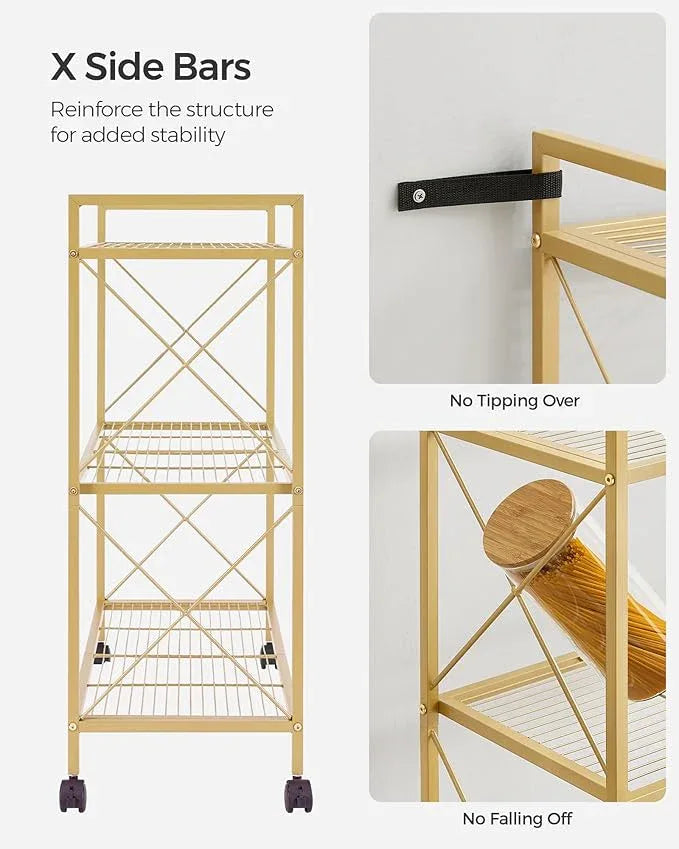 SONGMICS 3-Tier Metal Storage Rack with Wheels, Mesh Shelving Unit with X Side Frames, 31.5-Inch Width, for Entryway, Kitchen, Living Room, Bathroom, Industrial Style, Metallic Gold UBSC183A01 - NeatNest