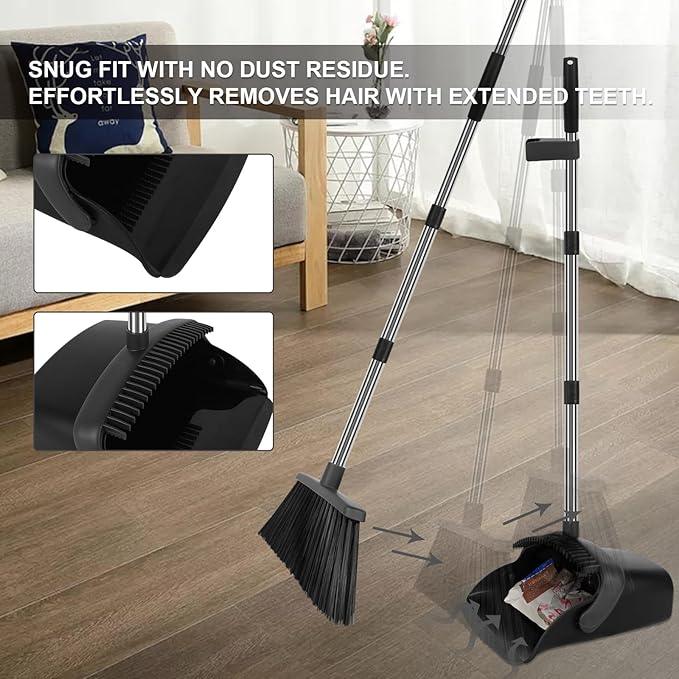 Broom and Dustpan Set, Large Household Broom with Dustpan Combo Set, 55" Long Handle Black Dust Pan Kit for Kitchen Lobby Office Indoor Outdoor - NeatNest