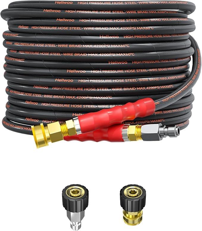 Pressure Washer Hose 25FT, 4200PSI 1/4 No Marking Kink Free Hose with 3/8 Quick Connect Ends and Adapters for Hot & Cold Water up to 140°F, Steel Wire Braided Hose for Power Washing - NeatNest